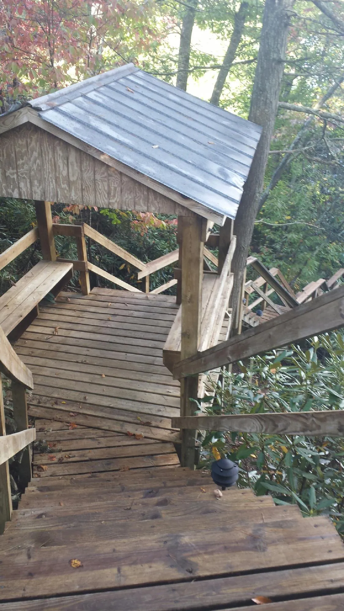 Metal roofed shelter over wooden steps on a wooded walkway — Skylight Repair & Installation work by our crew in Rural Valley